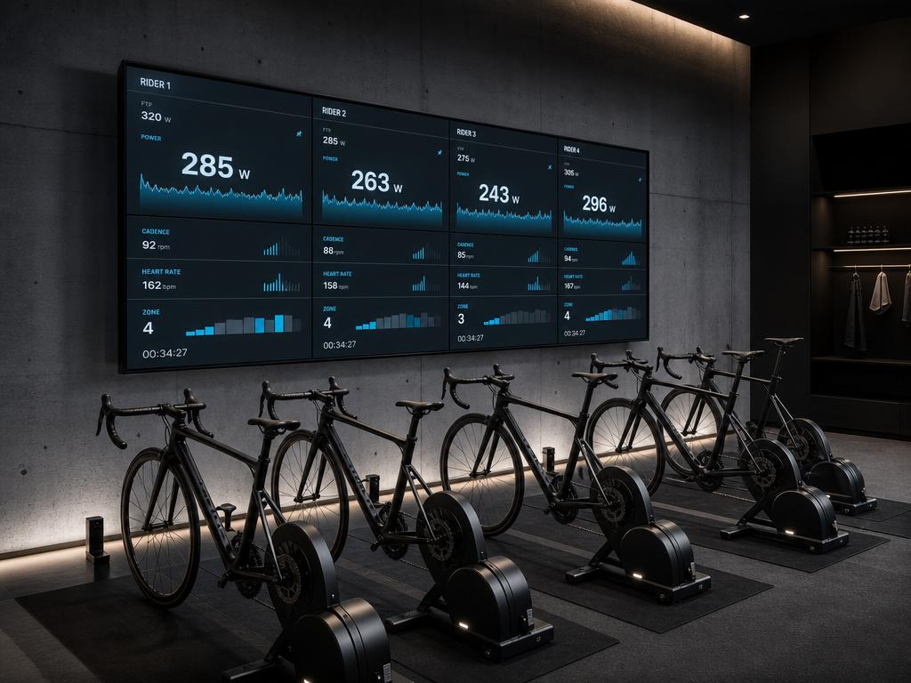 Row of high-end smart trainers in the Velo Studio training bay